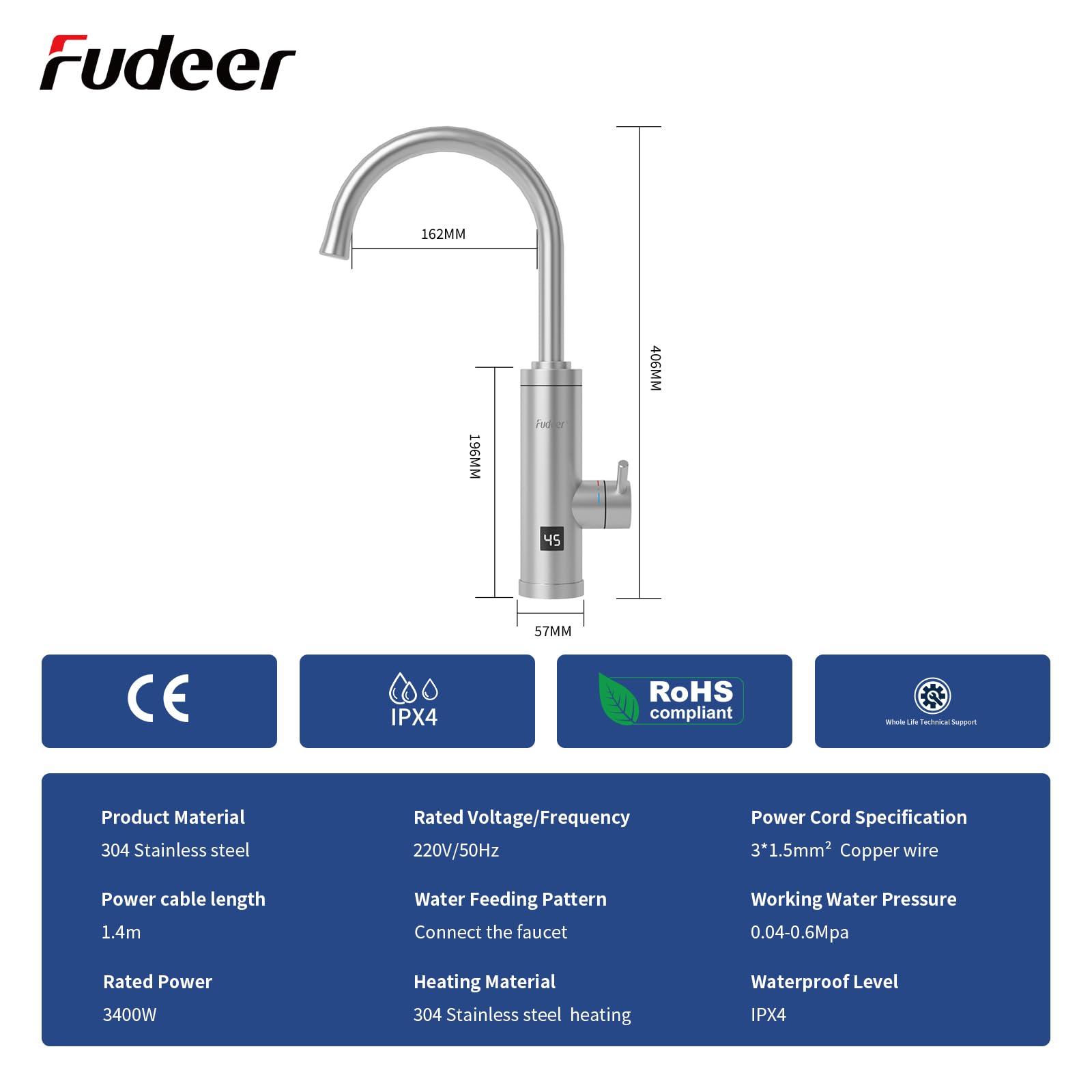 Robinet électrique de cuisine - 230 V - 3,3 kW - Avec chauffe-eau instantané - En acier inoxydable - Pivotant à 360° - Avec écran numérique de 30 à 45 °C - Argenté