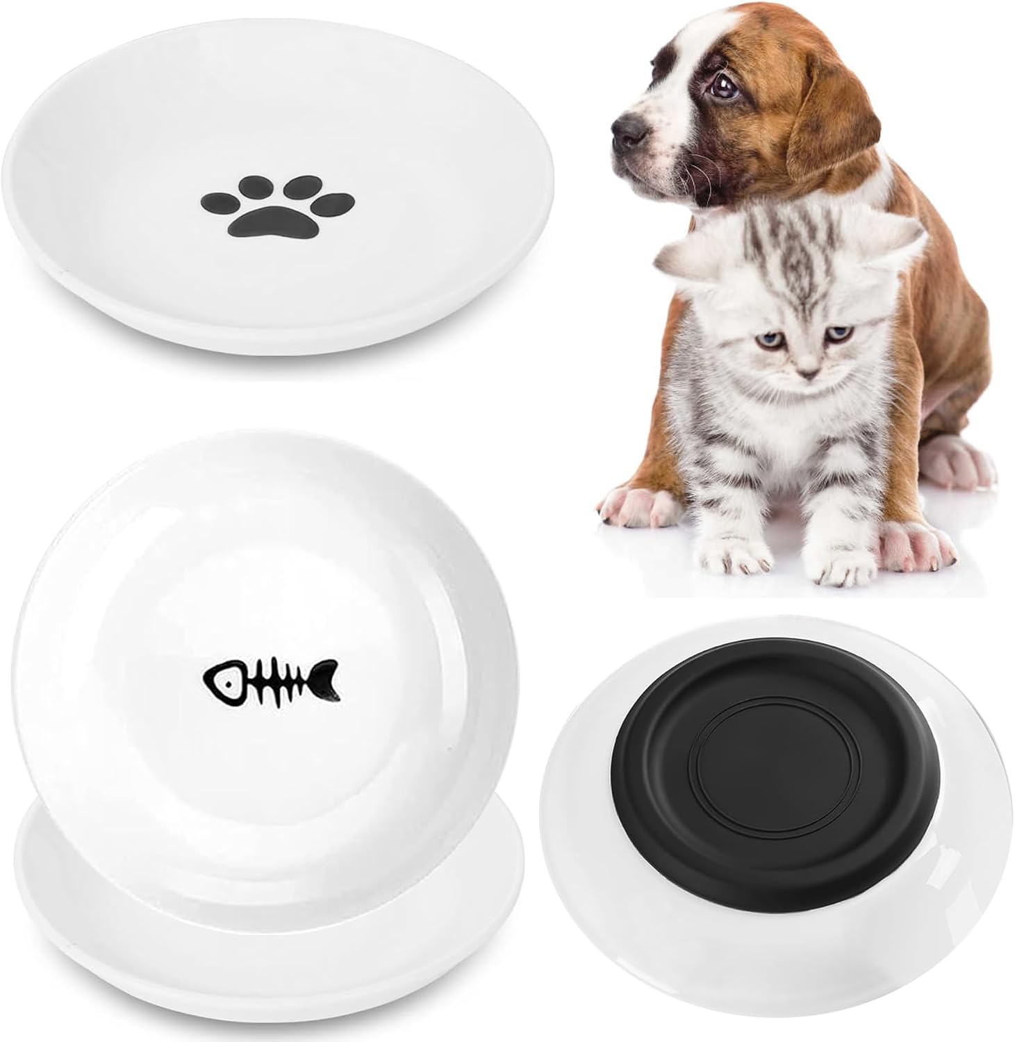 4 Pack Cat Food Bowl with Nonslip Silicone Bottom,Healthy Ceramic Pet Bowls for Indoor Cats,Anti Whisker Fatigue Cat Dishes Set,Shallow Wide Kitten Puppy Feeding Plates for Wet Food and Water