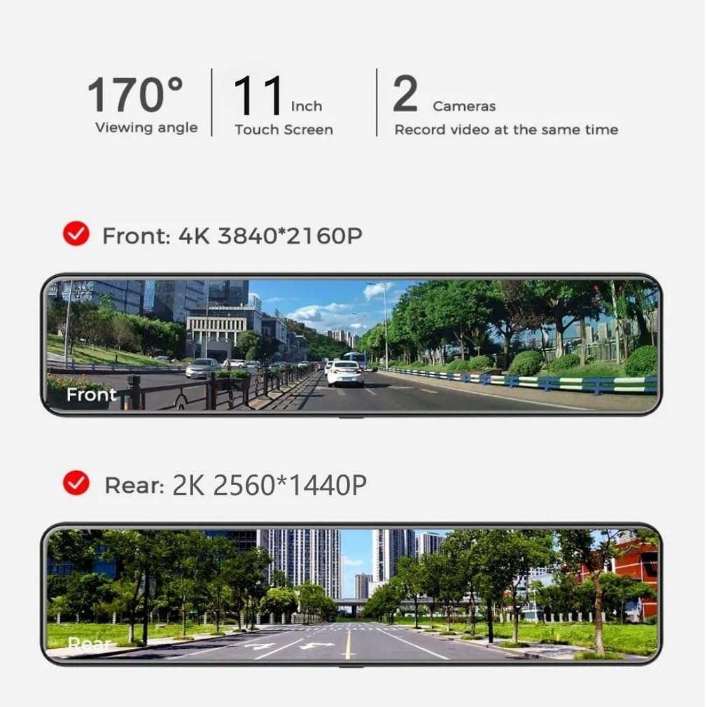 Cámara de salpicadero para espejo retrovisor para coches, cámara delantera y trasera 4K + 1080P, pantalla táctil DVR de 11 pulgadas, WiFi integrado con GPS Logger visión nocturna, grabadora de video