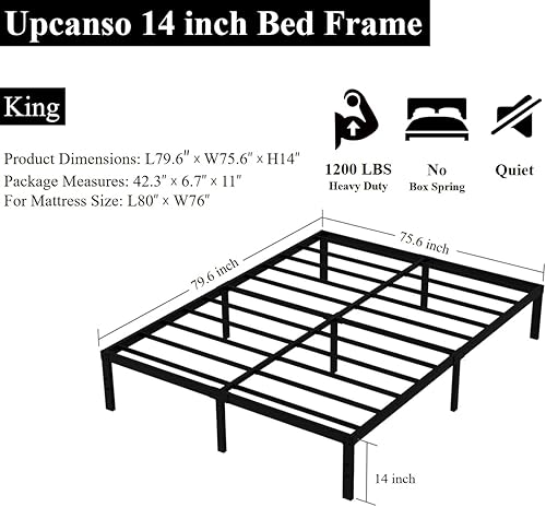 Miniatura 3 de Upcanso, base de cama tamaño King, no requiere somier, base de cama con plataforma de 14 pulgadas, listones de acero resistente con soporte de 1200