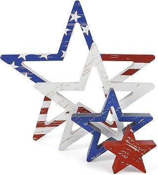 COCHIE 4th of July Decorations Stars Set of 4, Red White Blue Decor, Patriotic Memorial Day Star Tiered Tray Decor, Labor Day Fourth of July Decoration for Home Office Table Shelf Retro Flag