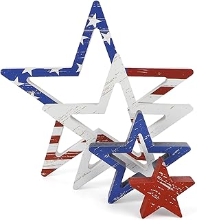 COCHIE 4th of July Decorations Stars Set of 4, Red White Blue Decor, Patriotic Memorial Day Star Tiered Tray Decor, Labor Day Fourth of July Decoration for Home Office Table Shelf (Retro Flag)