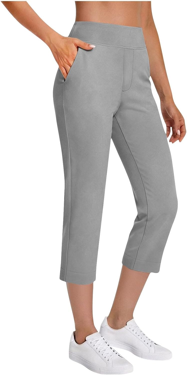 Women's Travel Pants Lightweight Business Casual Work Pants Stretch Petite Golf Slacks Crop Pant with Pockets