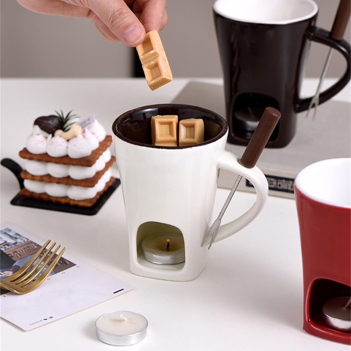 Chocolate Fondue Mug, Fondue Cups with Forks, Chocolate Melting Mug, Taza para Derretir Chocolate, Ceramic Personal Chocolate Melting Cup for Cheese, Tealight Candle Mini Simmer Mug(White*2)