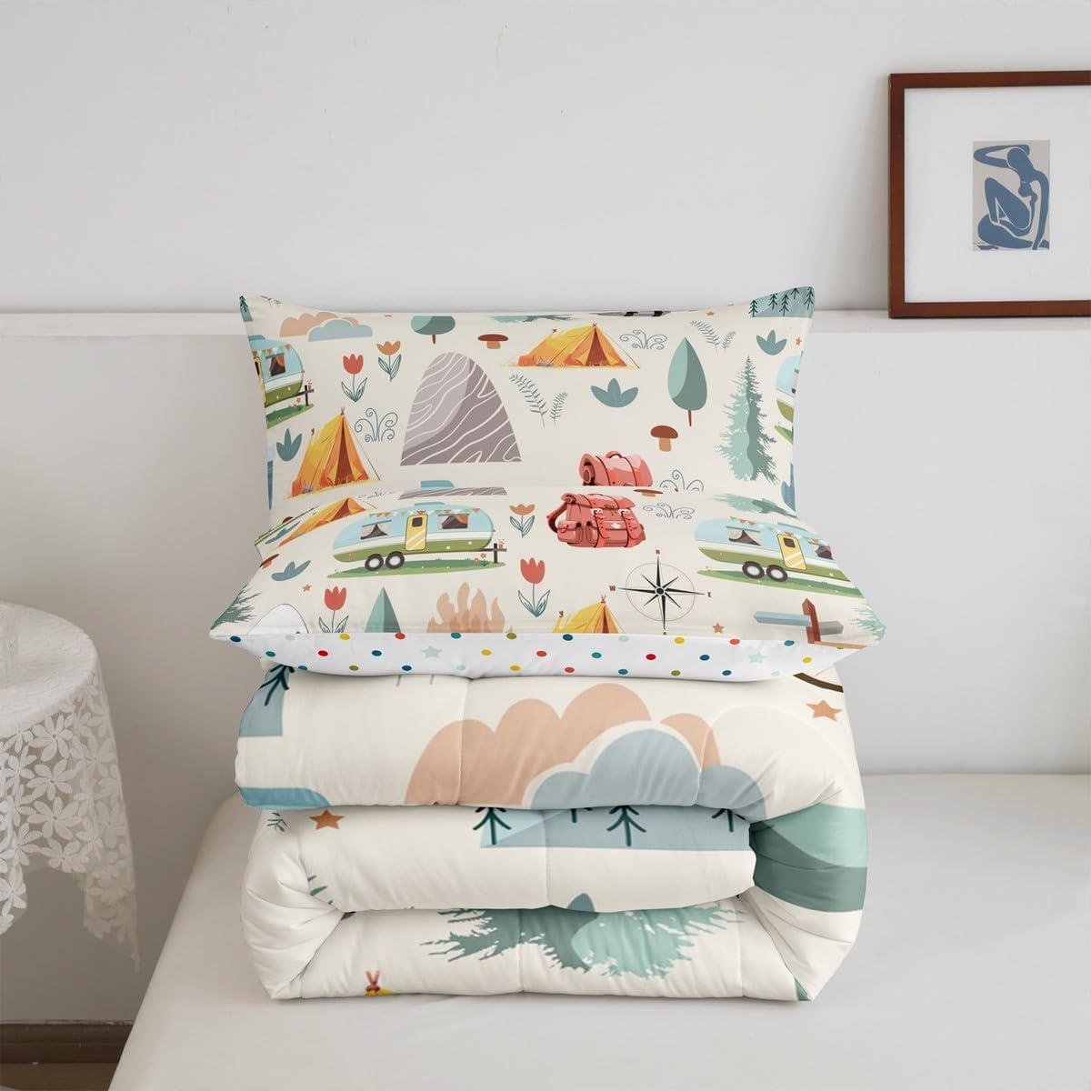 Erosebridal Summer Camp Camper Queen Comforter Set for Kids Child Camping Adventure Bedding Set for Boys Girls Bedroom Travel Car Rv Accessories Comforter Botanical Flowers Mountain Quilt