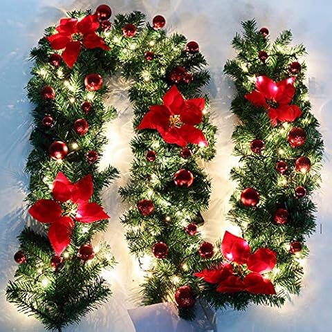 summerkimy 9ft Christmas Garland Decoration for Stairs Fireplace Illuminated Led Light with Multicolor, Red Baubles Flowers Artificial DIY Garland Wreath Xmas 2.7M (Red) Cover