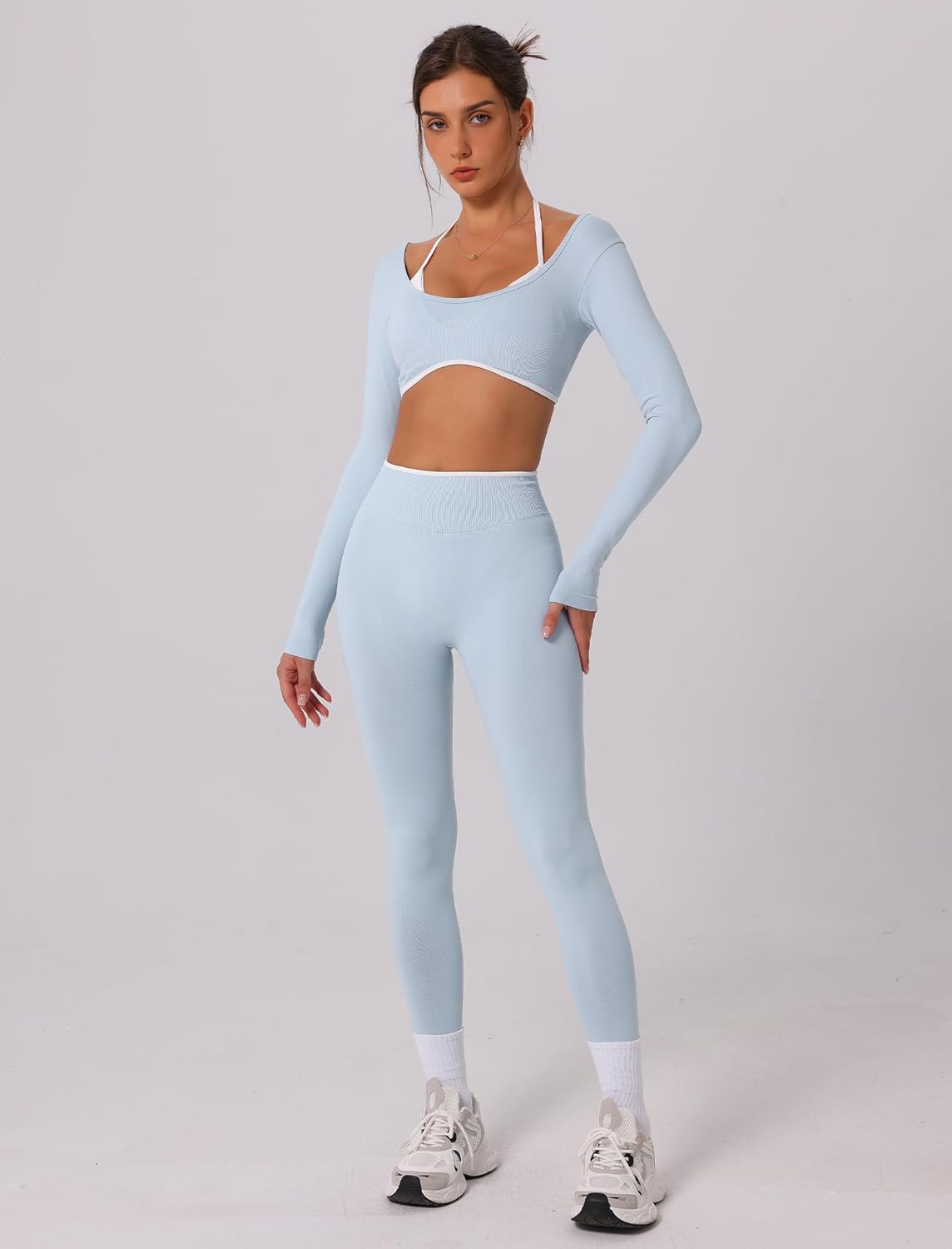 AGYMNX 2 Piece Workout Sets for Women Contrast Panel Long Sleeve Halter Crop Top and High Waist Leggings Jogger Outfits - Image 5