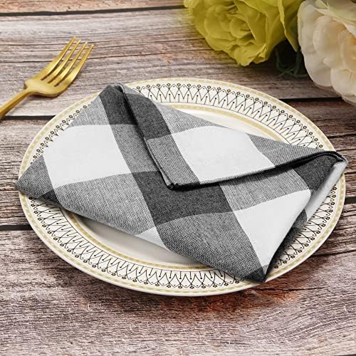 Image of Cotton Cloth Napkins Set of 12, Blend Buffalo Plaid Dinner Napkins, 18 x 18 Inch Washable Table Napkins, Buffalo Checks Gingham Napkins for Restaurant, Wedding, Holiday, Farmhouse, Gray and White
