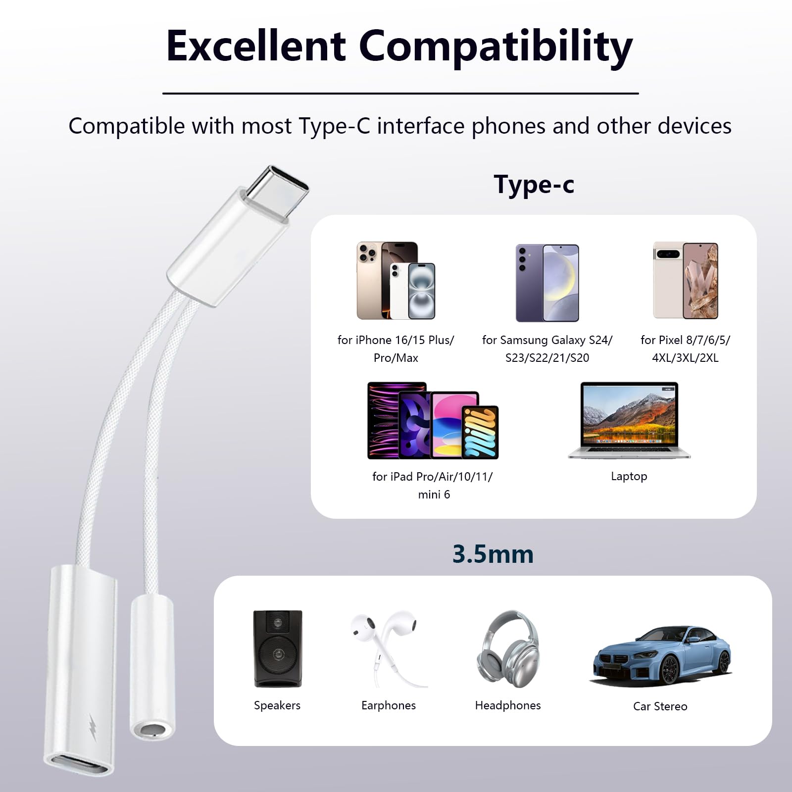 USB C auf 3,5 mm Kopfhörer- und Ladeadapter, 2-in-1 USB Typ C auf AUX-Klinken-Dongle-Kabel mit PD 60 W Schnellladung für iPhone 15, 16, 17 Pro Max Air, Galaxy S23, S24, S25 Ultra, Note 20, iPad Pro (1