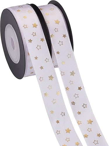 Pandahall 2 rollos de cinta de satén con estampado de estrellas de 20 yardas de ancho de 58 pulgadas de ancho, cinta decorativa blanca con lámina