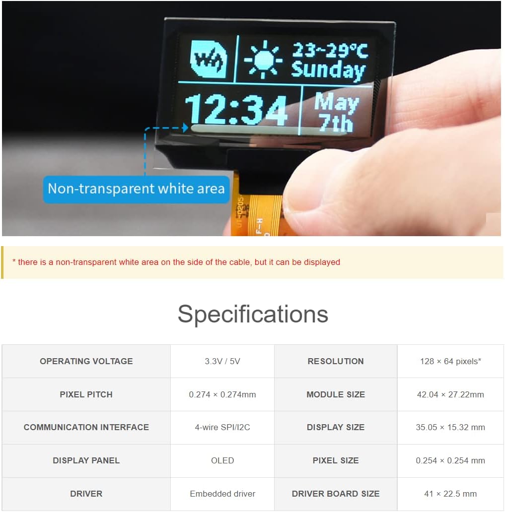 1.51inch Transparent OLED Display Module 128×64 Resolution Light Blue Color Display OLED for Raspberry Pi/Arduino/STM32,Full Viewing Angle,Embedded Independent Driver Chip,SPI/I2C Interfaces