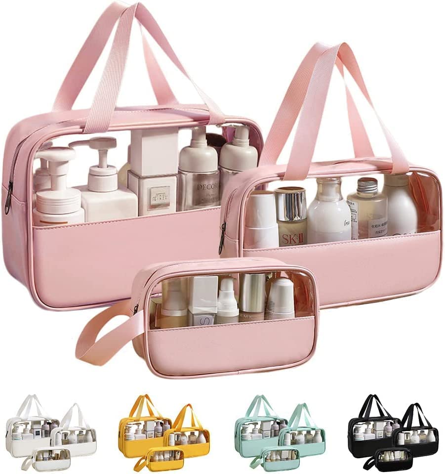 Image of Waterproof Toiletry Bag for Men and Women Travel Toiletry Bag Transparent Makeup Bag Hanging Cosmetic Organizer Bag (Set of 3 Bag) (Pink)