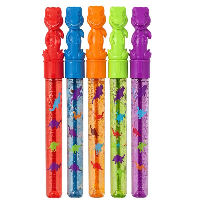 Dinosaur Bubble Wands 35cm Pack of 5 Scented Kids Bubble Toys Party Bag Fillers Outdoor Garden Summer Fun Long Bubble Wand Swords with Solution 118ml Each Fruit Scented Assorted Colours Age 3+