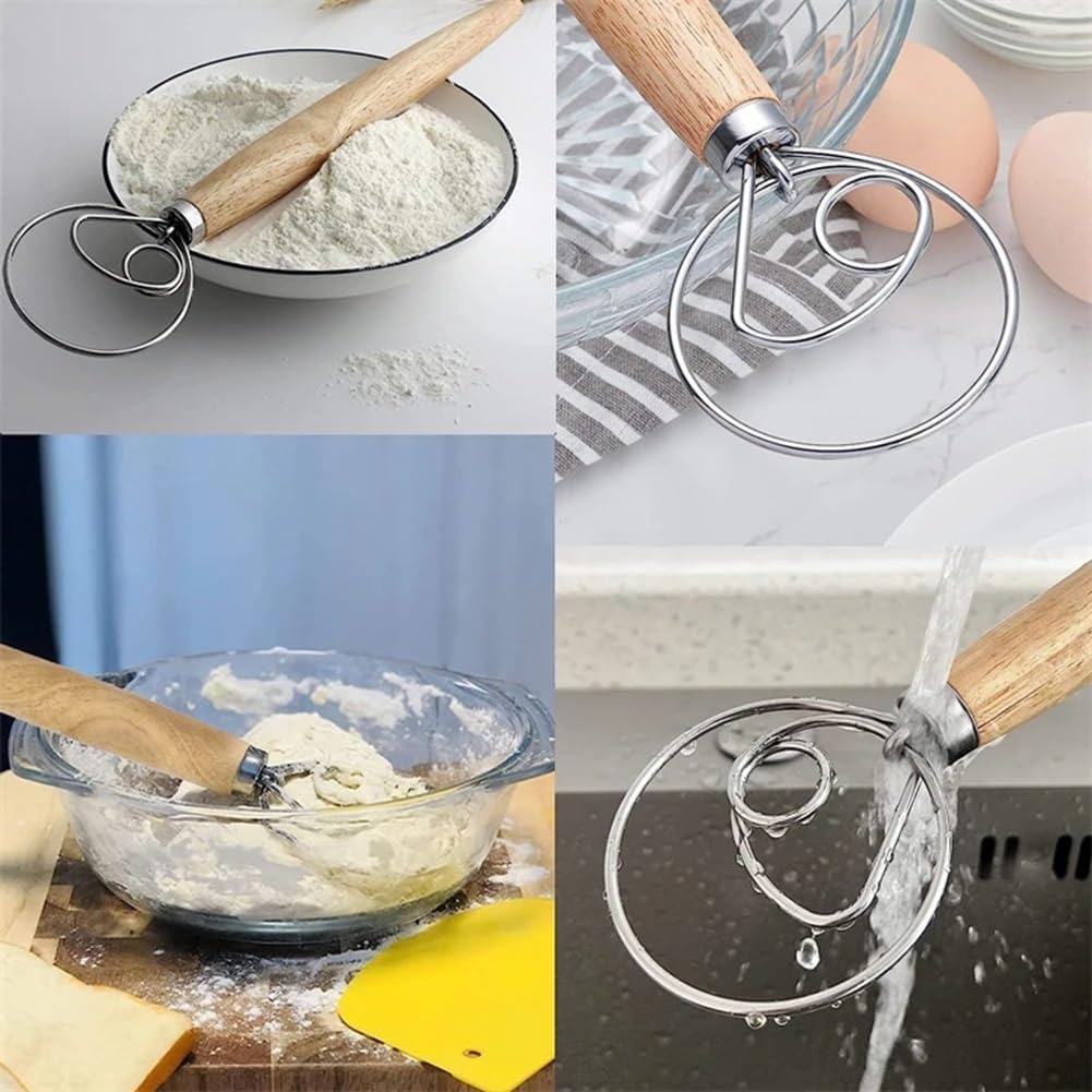 Danish Dough Whisk with Dough Scraper Bread Lame with 5 Blades and Leather Cover 13" Dutch Bread Whisk Bread Mixer Stainless Steel Dutch Bread Dough Whisk Hand Mixer for Sourdough, Pizza, Pastry, Cake