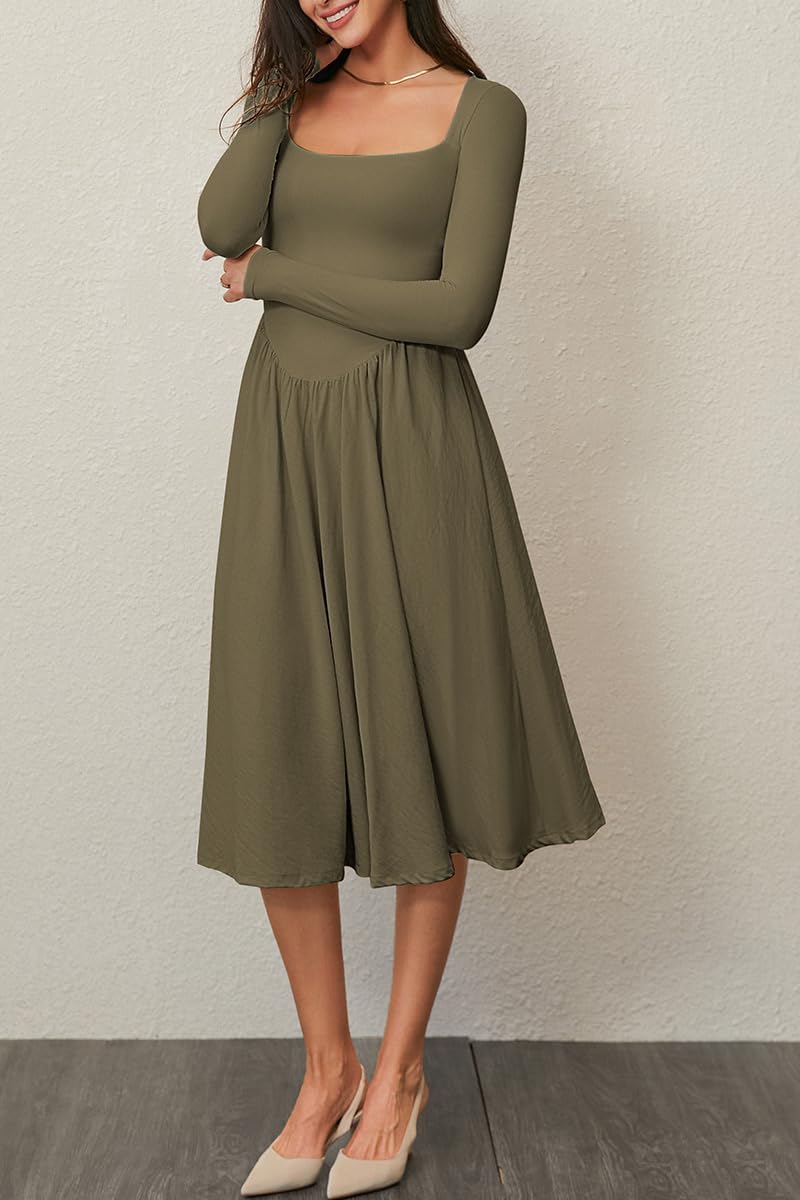 CHYRII Women Spring Fashion 2025 Square Neck Long Sleeve Casual A-Line Midi Dress - Image 3