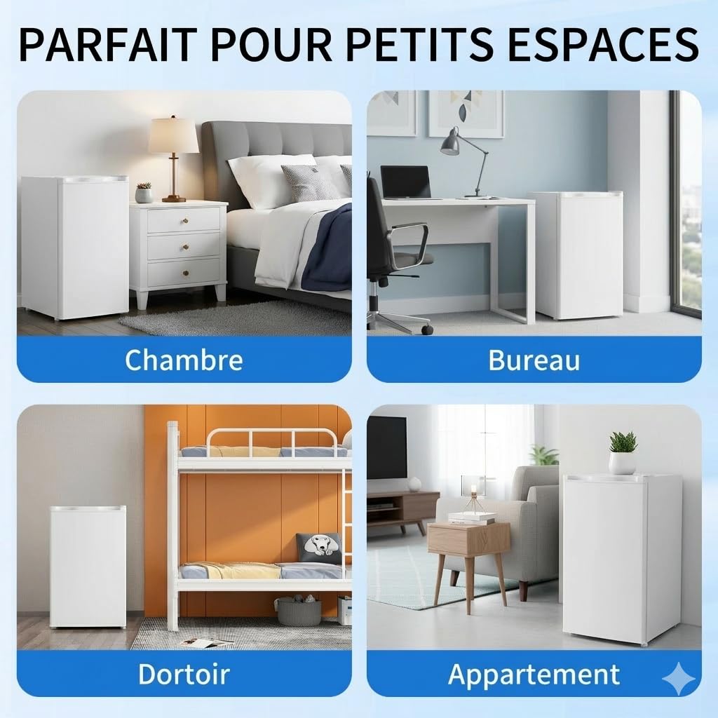 Mini réfrigérateur 91 L avec congélateur porte simple, thermostat 7 réglages, silencieux, compact blanc