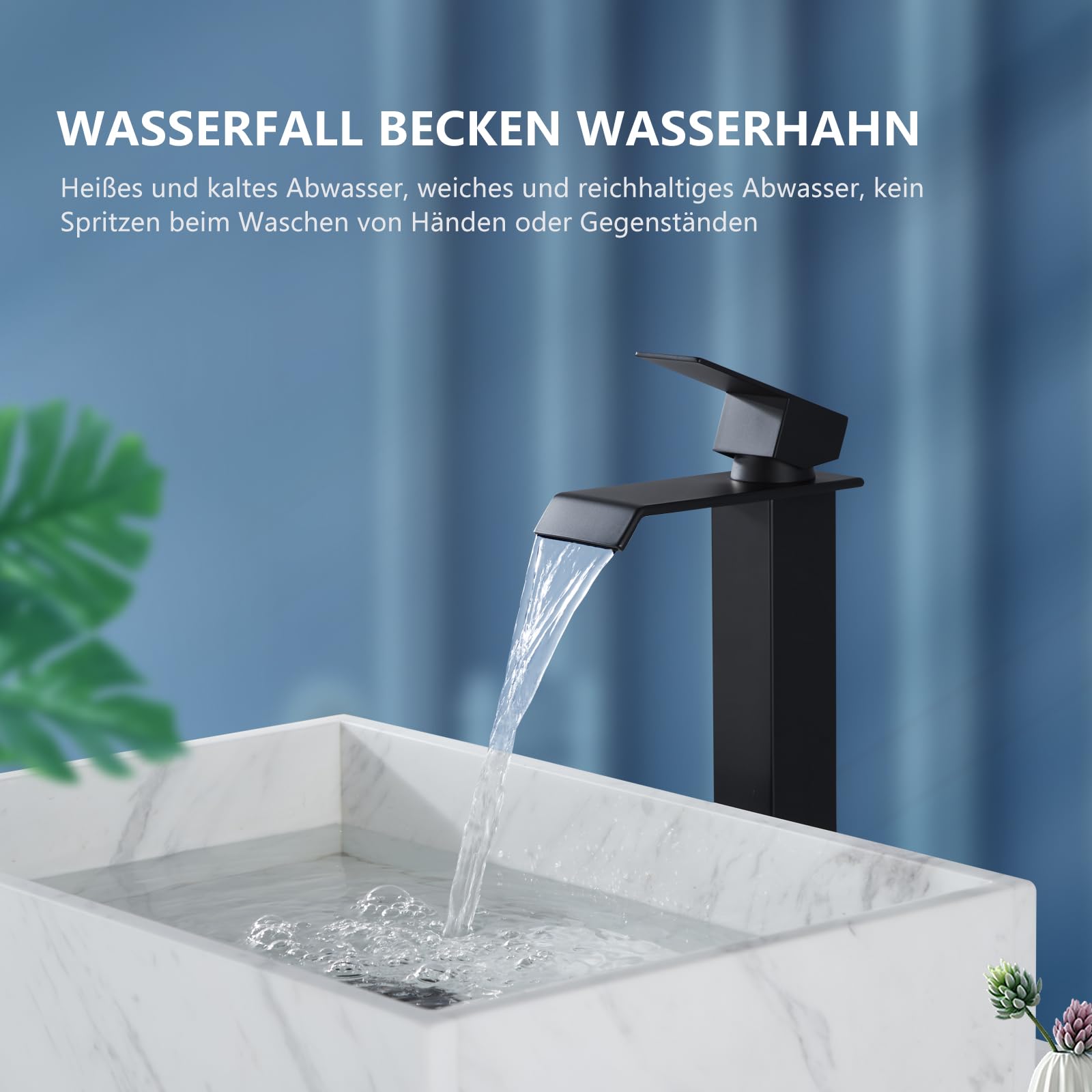 HOMELODY Wasserhahn Bad Schwarz, Wasserfall Einhandmischer Mischbatterie Waschbecken Waschtischarmatur mit Auslauf Höhe 247MM, Energiesparend Armatur Badezimmer, Eckig
