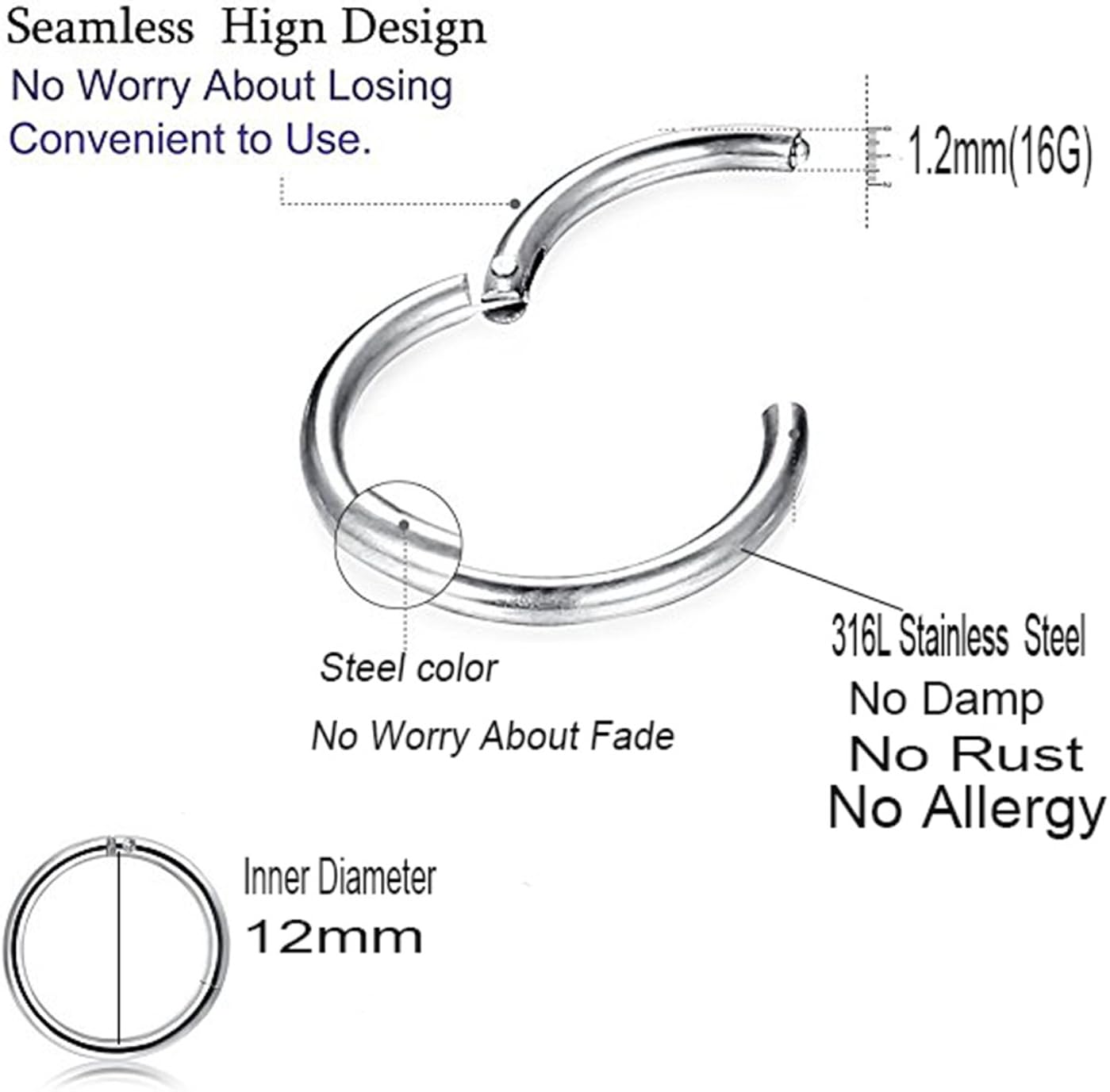 1Pair 16G 18G Hinged Clicker Segment Septum Lip Nose Hoop Rings Helix Daith Cartilage Tragus Body Piercing Jewelry