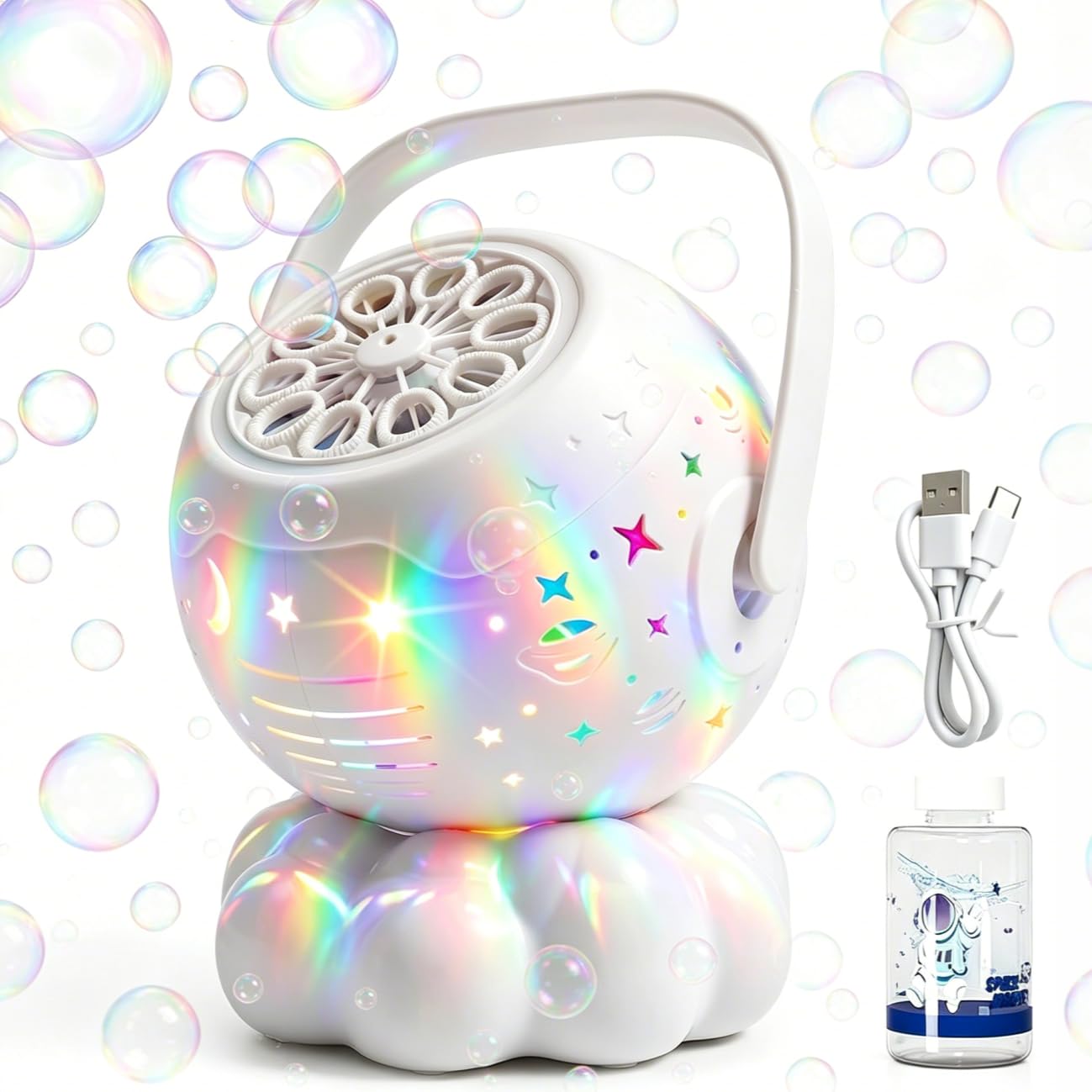 Machine Bulles pour Enfant Design Nuage Étoilé avec LED, Pistolet à Bulles Automatique, Machine à Bulles Rechargeable avec Poignée de Transport Intégrée, Pistolet à Bulles pour Enfant,Bubble Go Cadeau