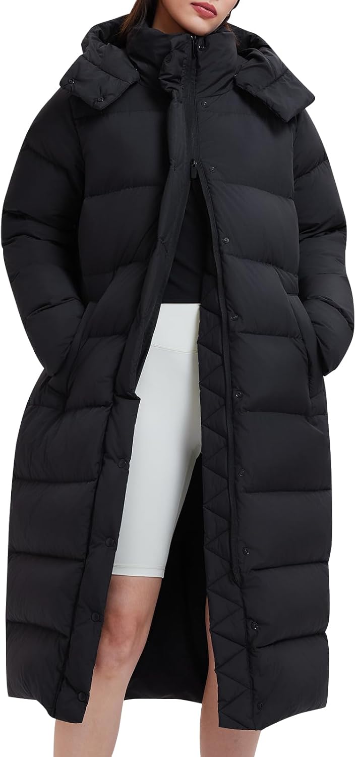 Women's 800FP Long Down Puffer Coat with Cinched Waist, Water-Resistant Winter Jacket with Removable Hood for Outdoor