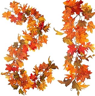 Whaline Artificial Autumn Fall Maple Leaves Garland Hanging Plant for Home Garden Wall Doorway Backdrop Fireplace Decoration Wedding Party Thanksgiving Day Decor (Light)