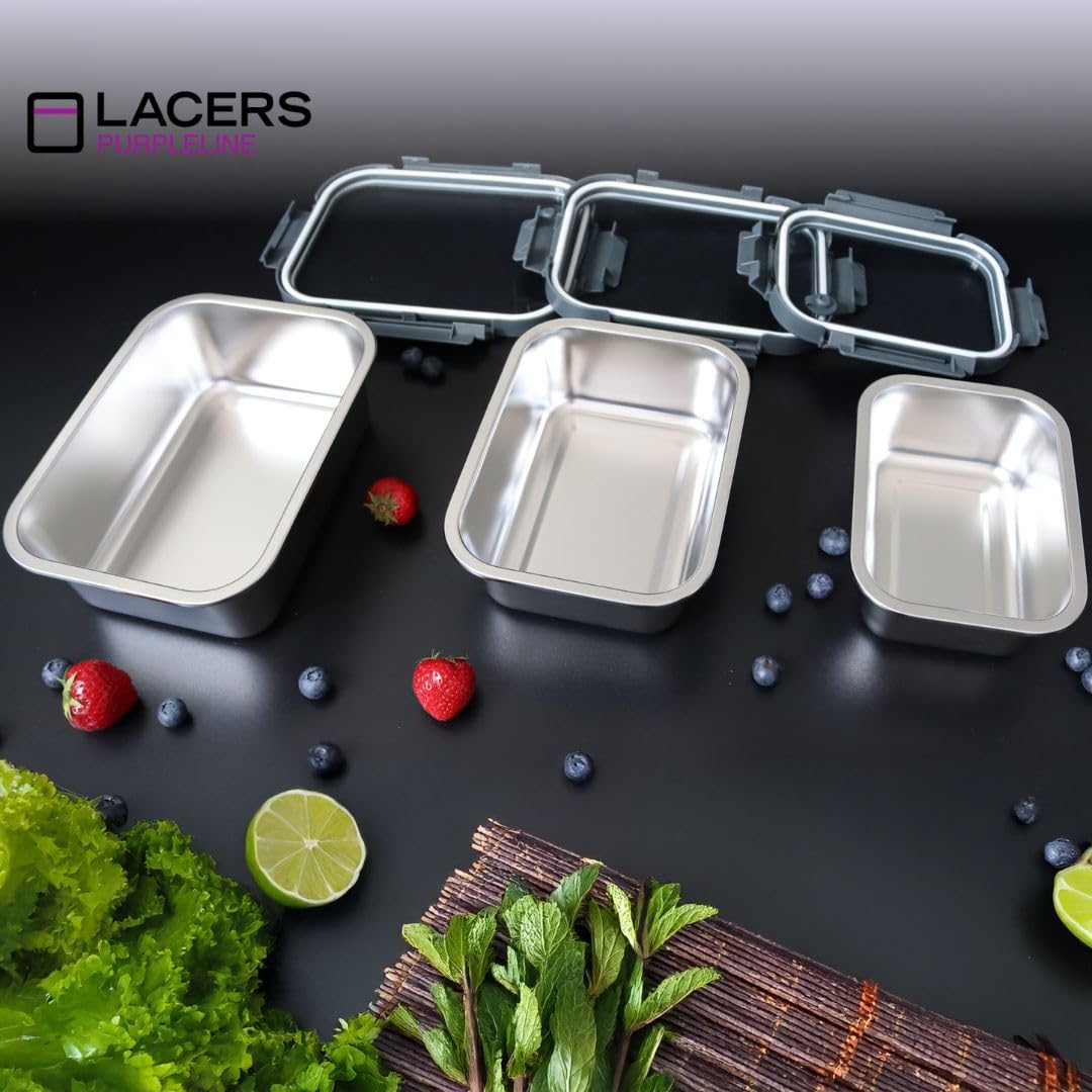 Lacers Purpleline 6-teiliges Edelstahl Vorratsdosen-Set mit Glasdeckeln (800ml/1250ml/1800ml) – auslaufsichere Meal Prep Boxen, BPA-frei, mikrowellengeeignet, ofenfest, spülmaschinengeeignet