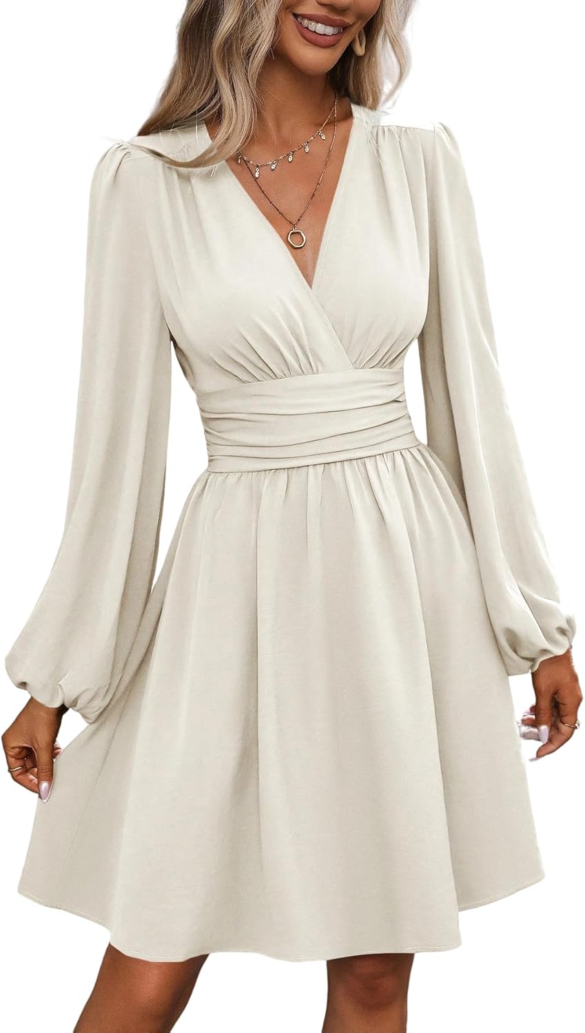 SOLY HUX Women's Elegant Dress V Neck Long Sleeve High Waist Swing Prom Cocktail Short Dresses