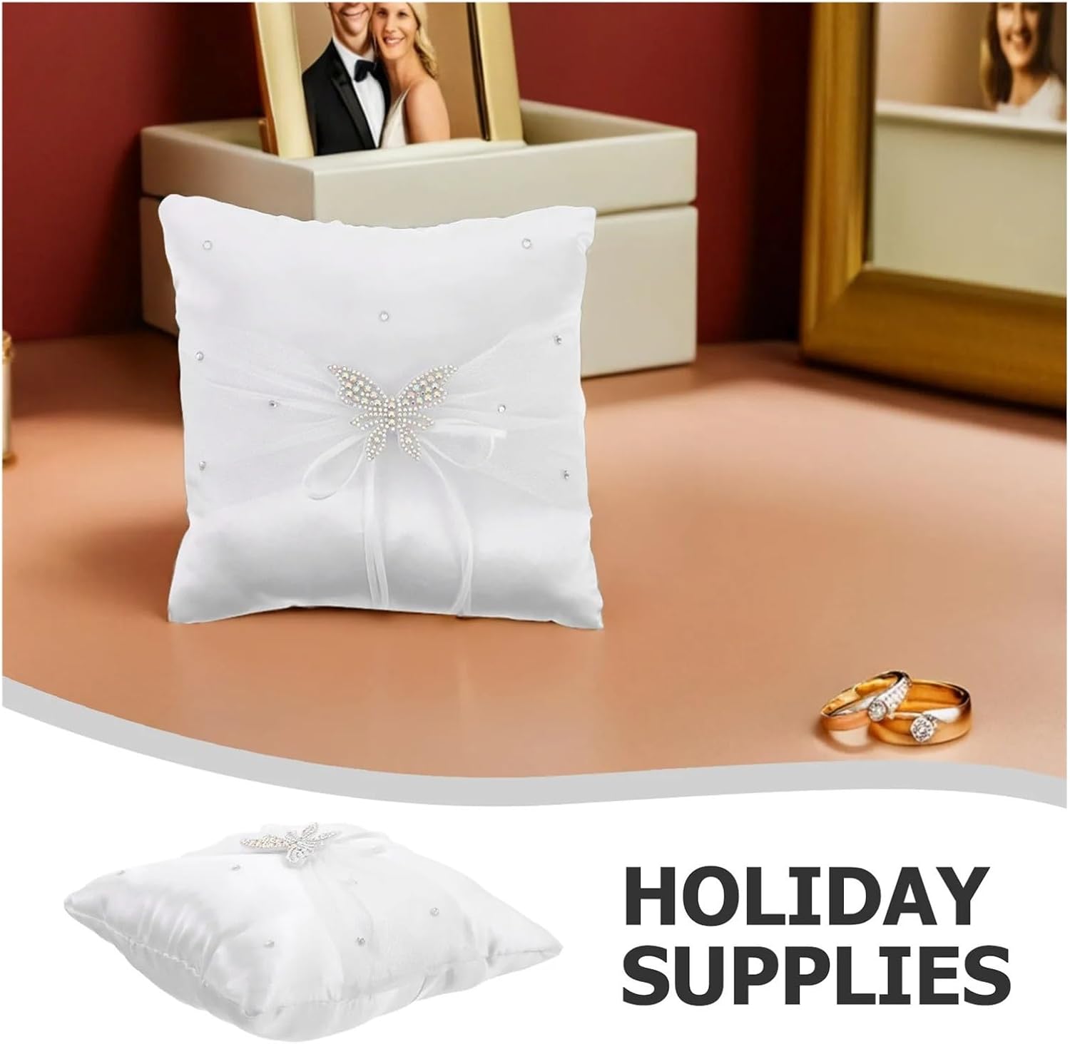 Wedding Ring Bearer Pillow White Satin Wedding Ring Pillow Rhinestone Bow Small Size Lace Elegant Bearer Cushion