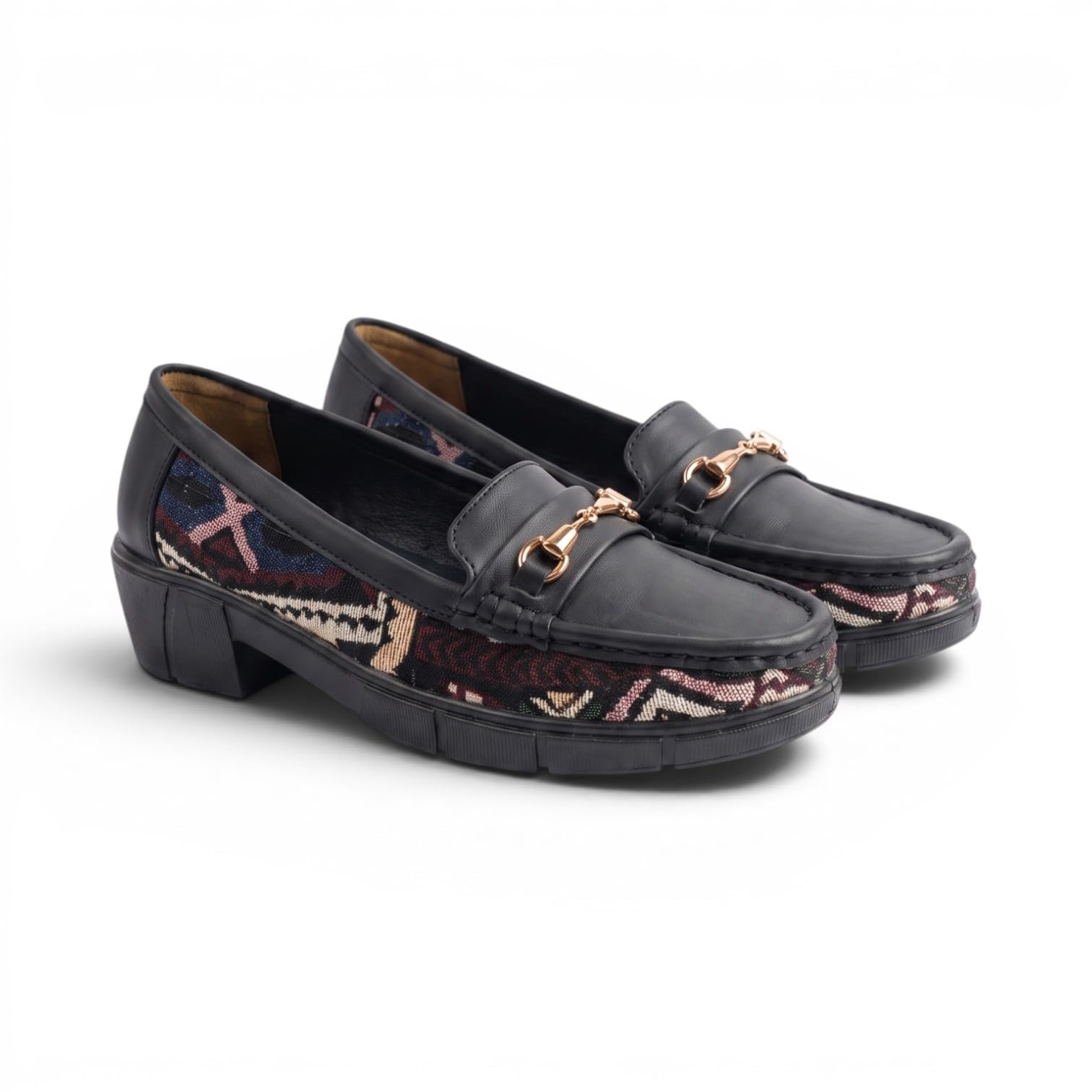 Women's Printed Block Heel Loafers | Slip-On Office Shoes with Metal Horsebit | Cushioned Formal Work Footwear | Comfortable Casual Loafers-image-12