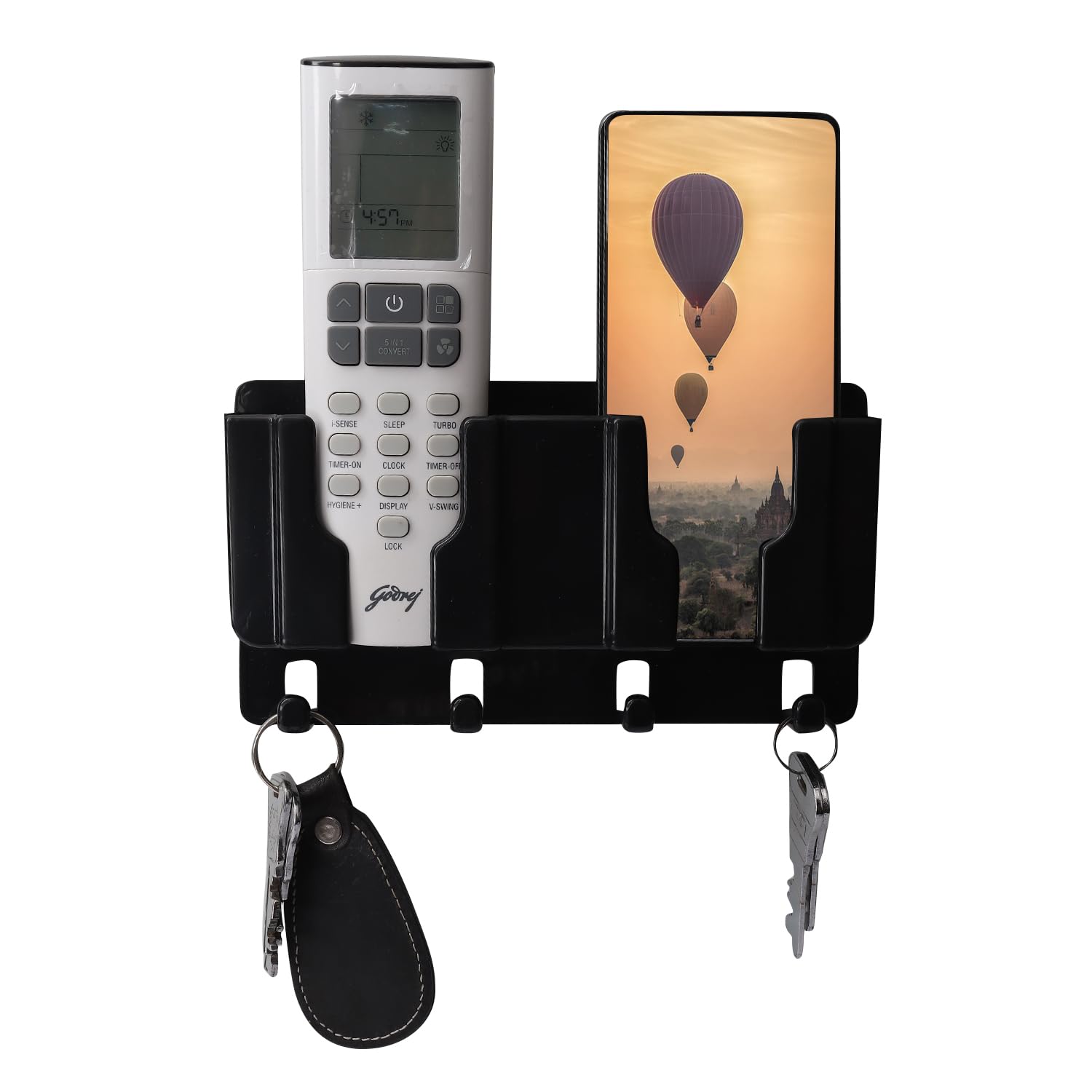 WALLVIEW TECH Plastic Wall Mount Mobile Holder with Remote Control Storage Racks, Key Hanger, Pen Holder Space/Self-Adhesive/Multi Purpose Accessories (Black)-image-22