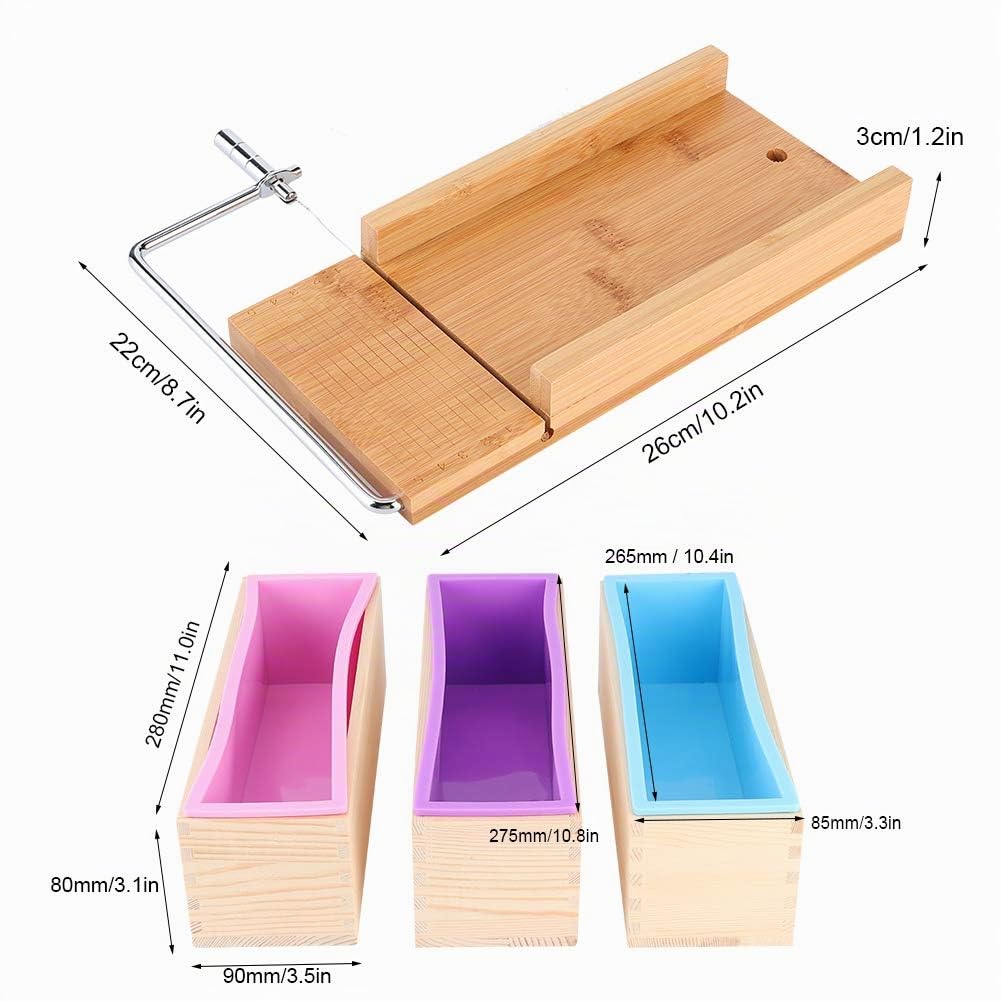 Tyenaza moldes de silicona para jabones, Juego de caja de madera Cortador de jabón manual con escala Herramienta de cocina 1200ml