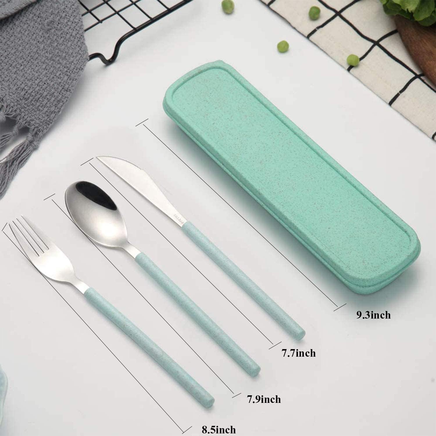 Portable Home Utensils Reusable Flatware Set with Case, Stainless Steel Metal Travel Cutlery Lunch Tableware 3 Fork 3 Spoon 3 Knife with Colored Handle(Fork Spoon Knife 3 sets, Green+Pink+Blue)