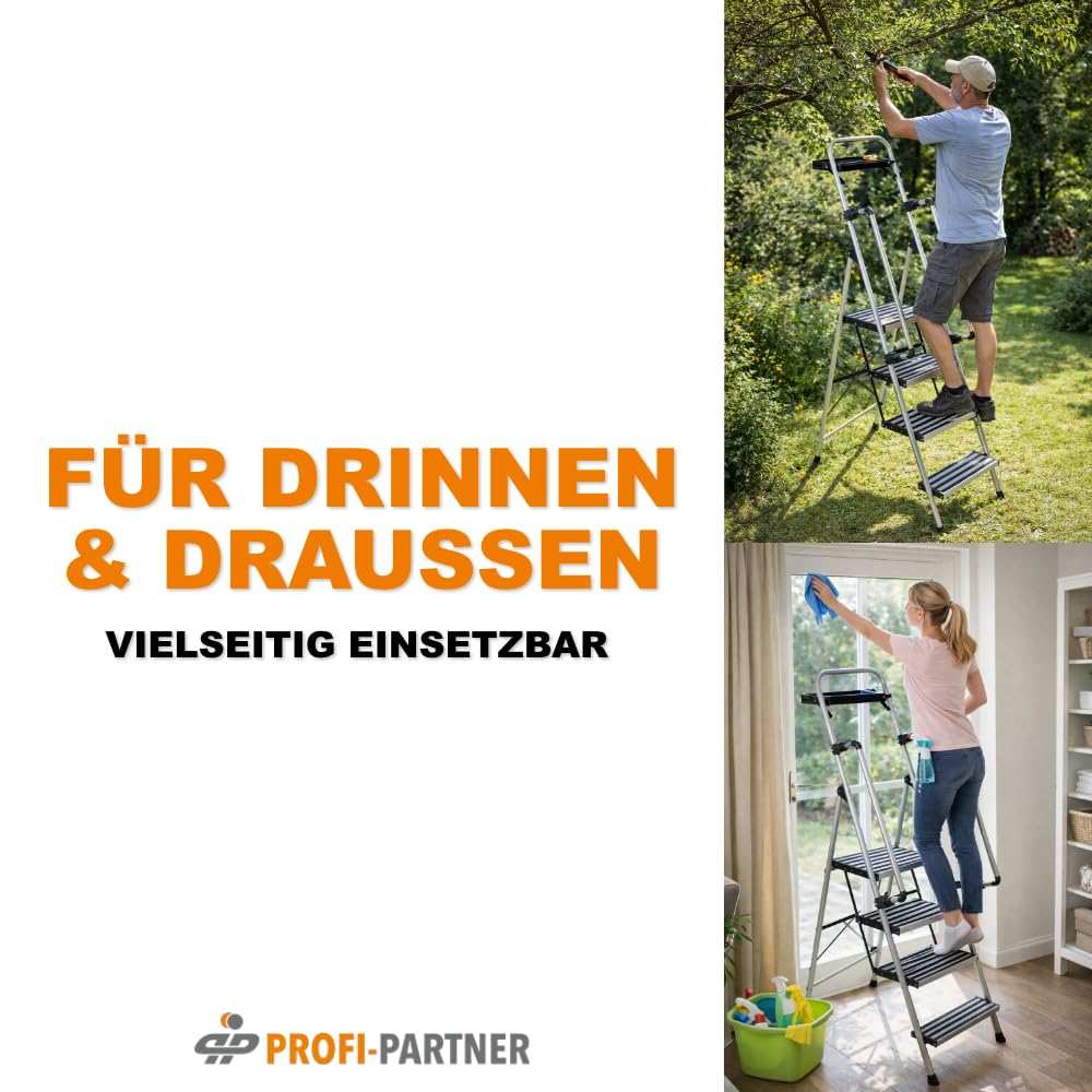 Stahl-Sicherheitsleiter, Trittleiter 3 Stufen, bis 150 kg | klappbare Handläufe, rutschsichere Plattform, TÜV-geprüft, robuste Klappleiter, Haushaltsleiter, sicherer Tritt