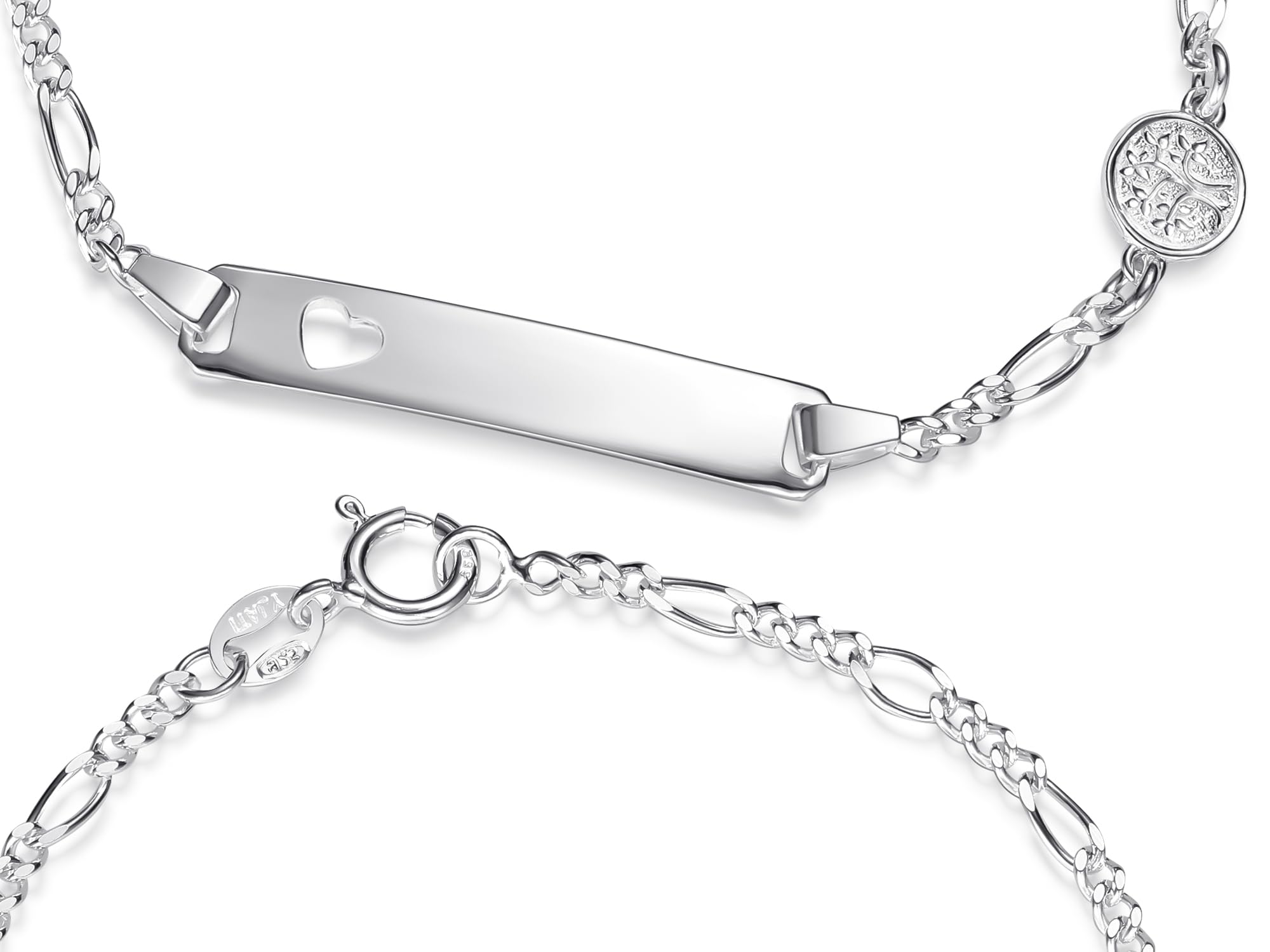 SILBERKETTEN STORE DEIN SCHMUCK ONLINE SHOP ID-Gravurarmband Figaro 2,4mm Lebensbaum | Herz in der Gravurplatte | aus echt 925 Silber | inkl. Gravur