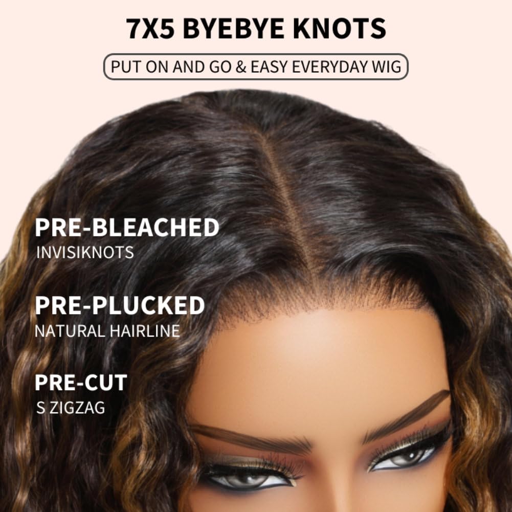 Beauty Forever Golden Brown Highlight Water Wave 7x5 Bye Bye Knots Lace Closure Glueless Wigs Human Hair Pre Plucked Pre Cut Ready to Go Lace Front Wig Bleached Knots for Beginner 150% Density 26inch