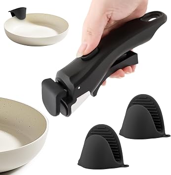 Removable Pot Handle, Cream White Detachable Pan Handles with 2 PCS Silicone Oven Mitts Heat Resistant, Universal Pan Replacement Handles for Pots and Pans Black