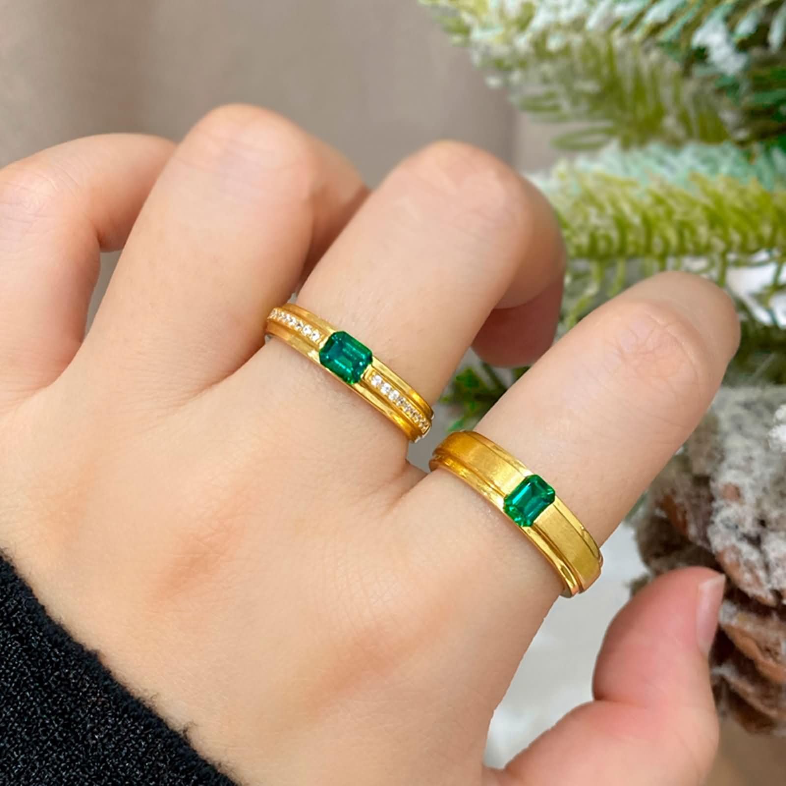 Anillos Boda de Oro Amarillo 9K / 14K / 18K para Parejas, Redondo Pulido y Rectángulo con Esmeralda de 0,5 ct y Moissanita, Anillos de Promesa Oro Verde Mujer Hombre