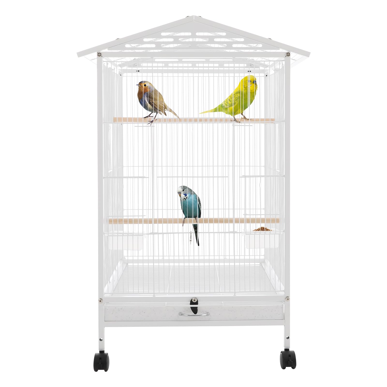 Jaula de metal para pájaros, color blanco, 46 x 46 x 86 cm, con 4 ruedas universales (2 con frenos), techo abierto, bandeja extensible, 3 perchas y comedero/bebedero
