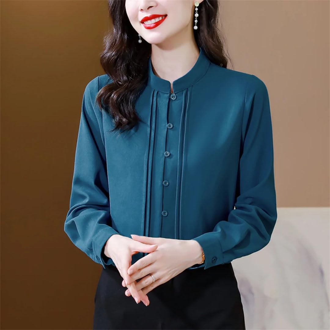Camicette da donna in seta tinta unita a maniche lunghe con colletto alla coreana camicette da ufficio eleganti top