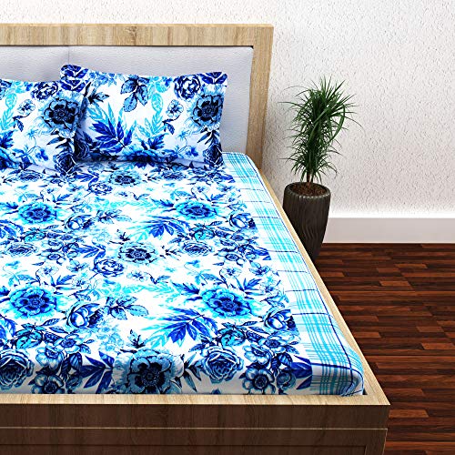 Image of Story@Home Magic Cotton Bedsheet for Double Bed with 2 Pillow Covers, Blue Floral