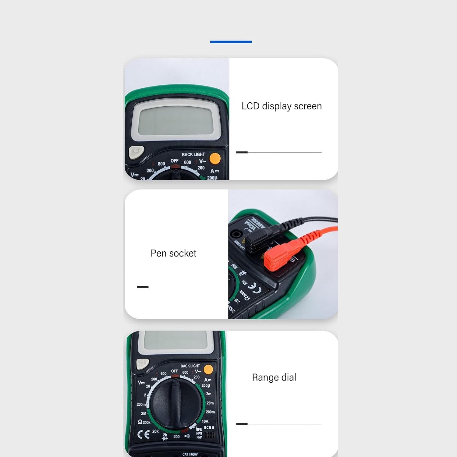 Multimeter components: LCD, pen socket, range dial