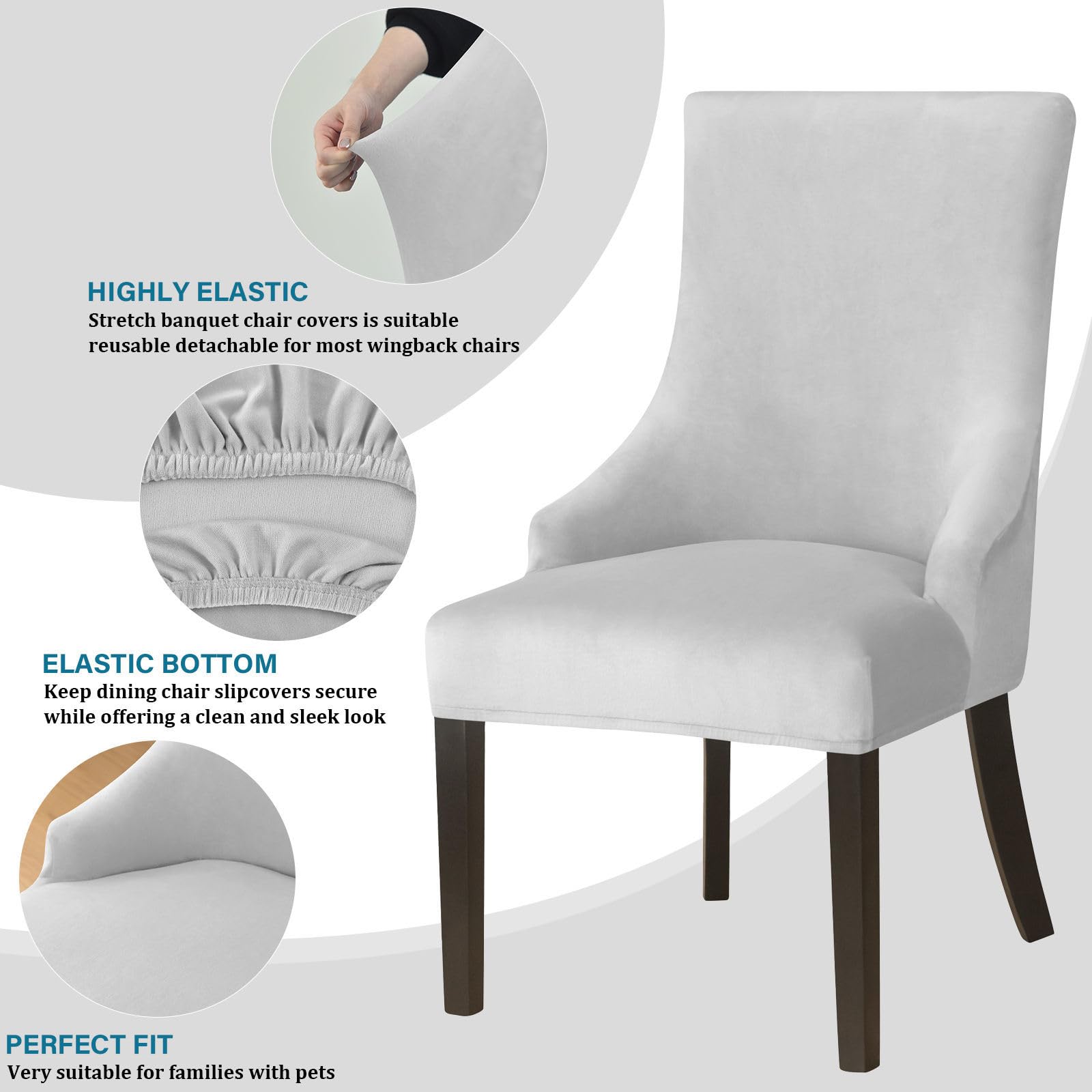 Lot de 2 housses de chaise amovibles en velours doux gris clair à ailettes pour salle à manger, salon, décoration d'intérieur, hôtel, réception