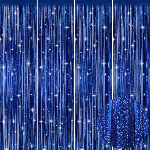Picoway 4 Pack Foil Fringe Tinsel Backdrop Curtains Birthday Engagement Bachelorette Party Decorations Photo Booth Props Door Streamers Curtain (Blue)