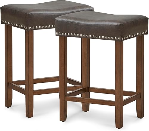 COSTWAY Juego de 2 taburetes de bar de 24 pulgadas de altura de mostrador con tapicería de piel sintética y patas de madera de goma maciza,