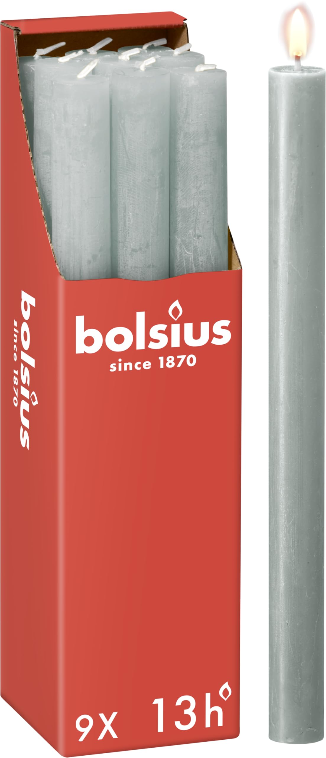 Bolsius - Rustykalne świece – jadeitowa zieleń – 9 sztuk – 27 x 2,3 cm – długość palenia 13 godzin – bezzapachowe – zawierają naturalny wosk roślinny – bez oleju palmowego