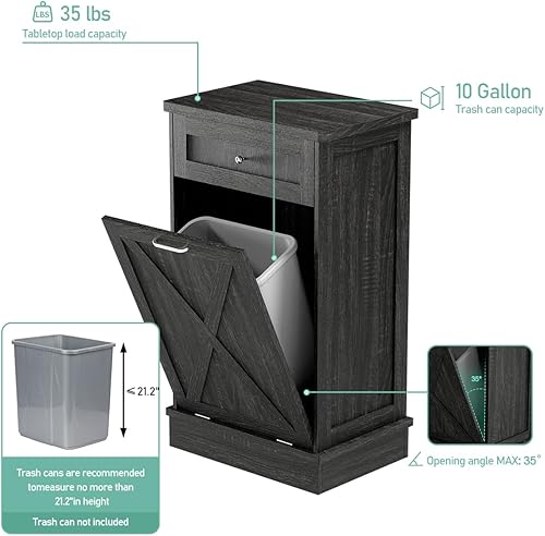 Miniatura 5 de TOLEAD Armario de basura inclinable de madera de 10 galones con puerta de granero para cocina de granja, sala de estar, comedor, color gris roble