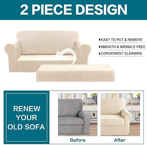 Vista 108 de Turquoize - Funda elástica para sofá de 2 piezas y 3 cojines, funda protectora lavable con elástico en la parte inferior, tela jacquard gruesa