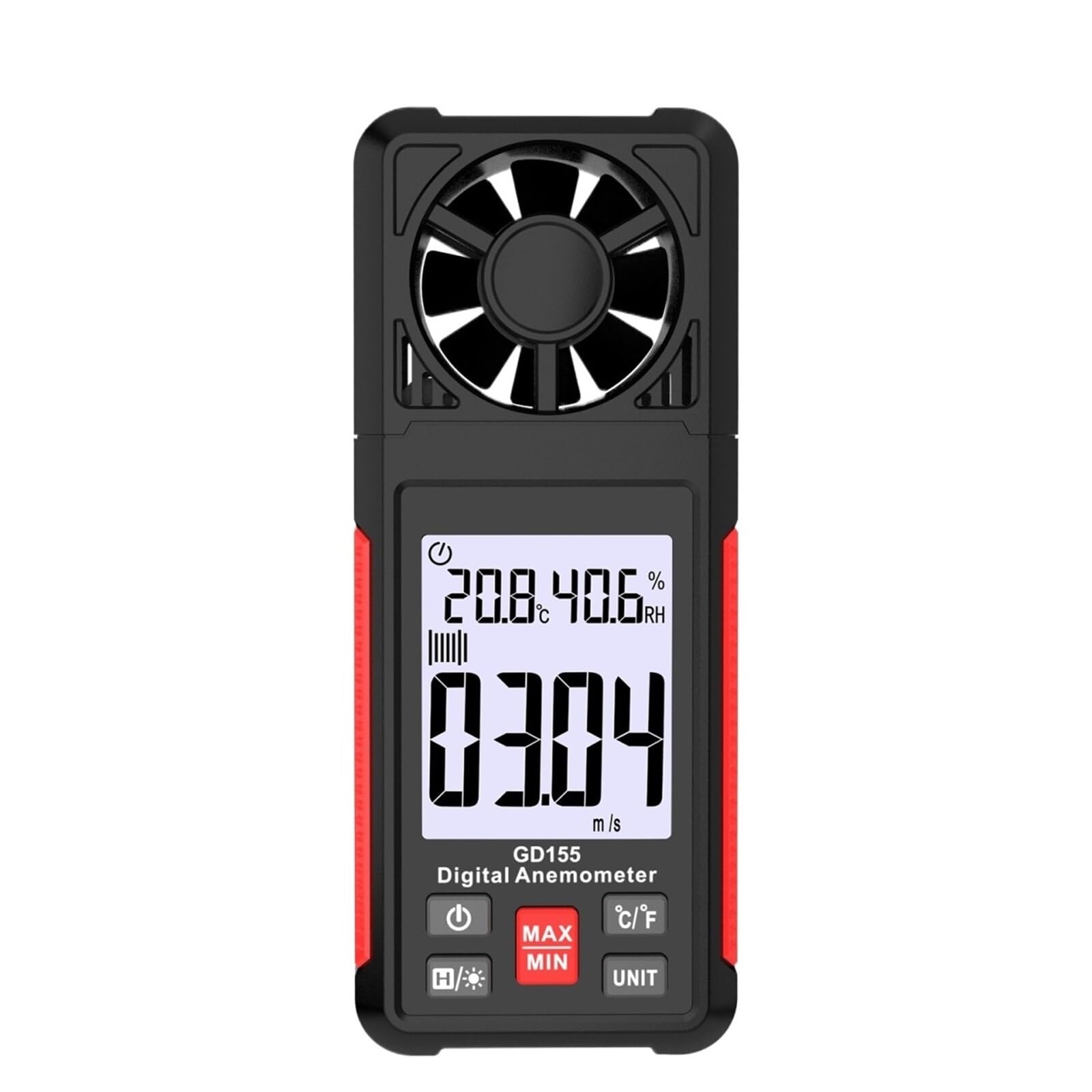 Anemómetro digital portátil GD155 for medir la velocidad del viento, la temperatura y la sensación térmica con retroiluminación.