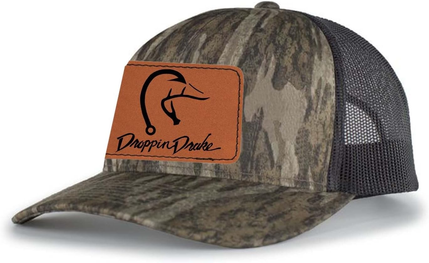 Droppin Drake Hunting Hat Duck Fishing Hook Engraved Leather Patch Mens Mesh Back Trucker Hat