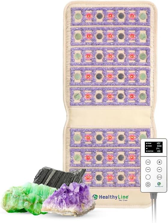 TAJ Far Infrared Heating Pad - Natural Crystal Gemstones Mat for Back Pain - Electric Auto Shut Off - Rejuvenating Negative Ions and Photon Lights - 40" x 18"